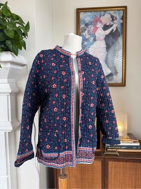 Quilted Reversible Navy Button-Front Vintage Jacket